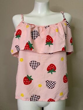 Forever 21 Pink Strawberry checker bear Print Ruffle Cami Tank Xxl
